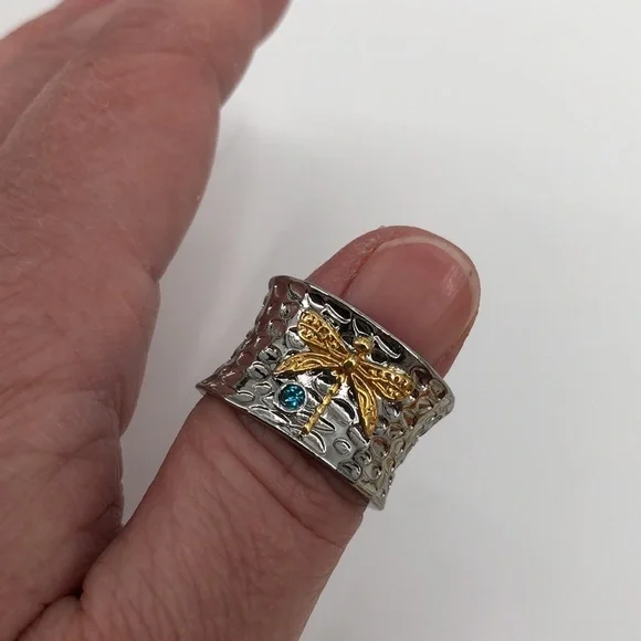 Dragonfly Ring Thumb Ring Silver Tone Hammered Look Unisex - Picture 12 of 13